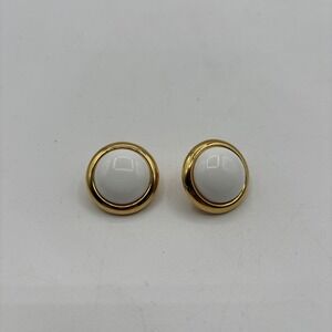 Vintage Monet Clip On Earrings Domed White‎ with Gold Tone Halo